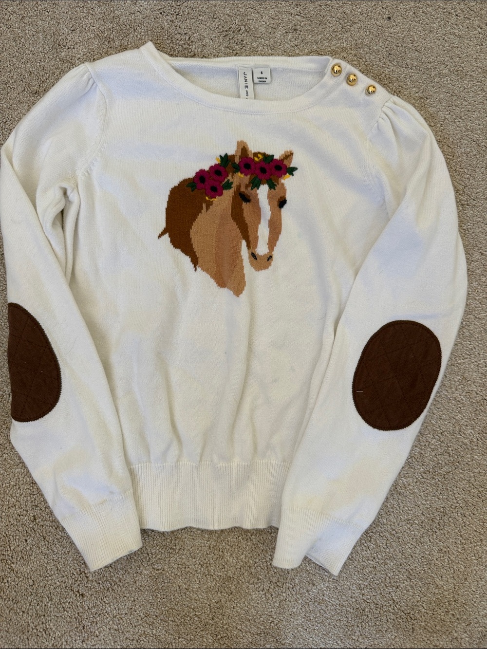 Janie and Jack Cream Crewneck Sweater with Horse Motif and Brown Elbow Patches
